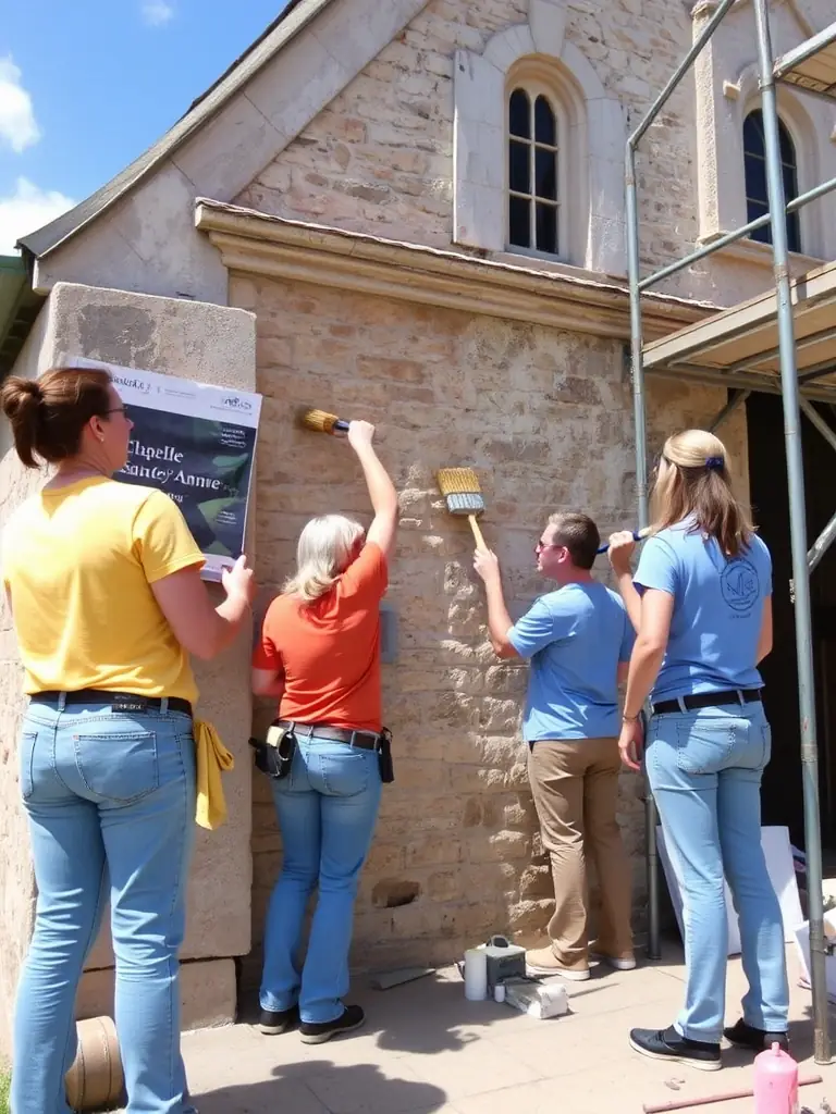 A photo of volunteers cleaning and restoring the ancient stone walls of the Chapelle Sainte-Anne in Saint-Suliac, showcasing the meticulous work involved in preserving historical structures.