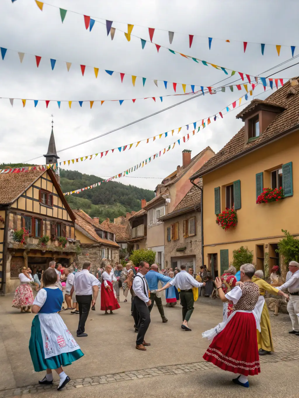 A photograph capturing a traditional Breton music performance held in the village square, showcasing the cultural events organized to celebrate and preserve local traditions.