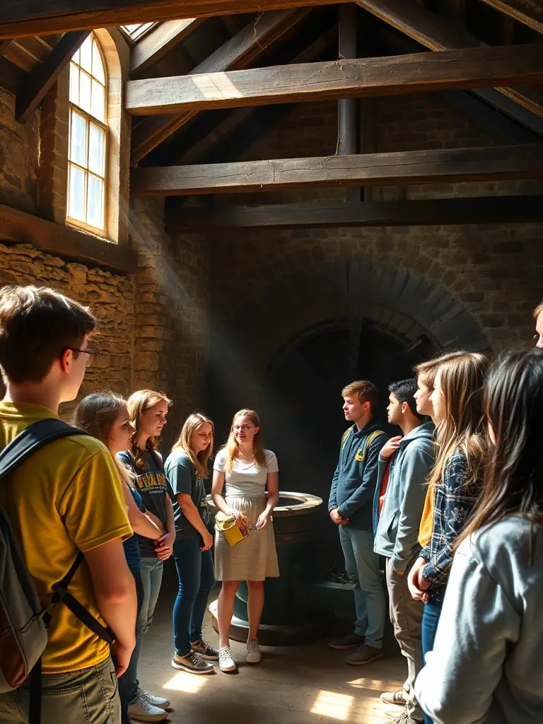 A vibrant image of a group of children participating in a guided tour of the Rance tidal mill, learning about its historical significance and the traditional milling process.