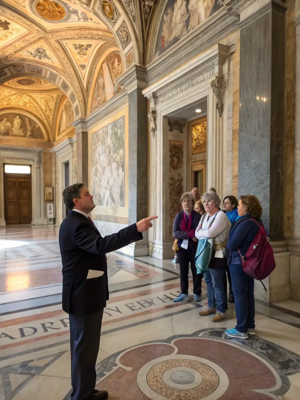 A group of people participating in a guided tour of the Liesse Basilica, led by a knowledgeable guide.