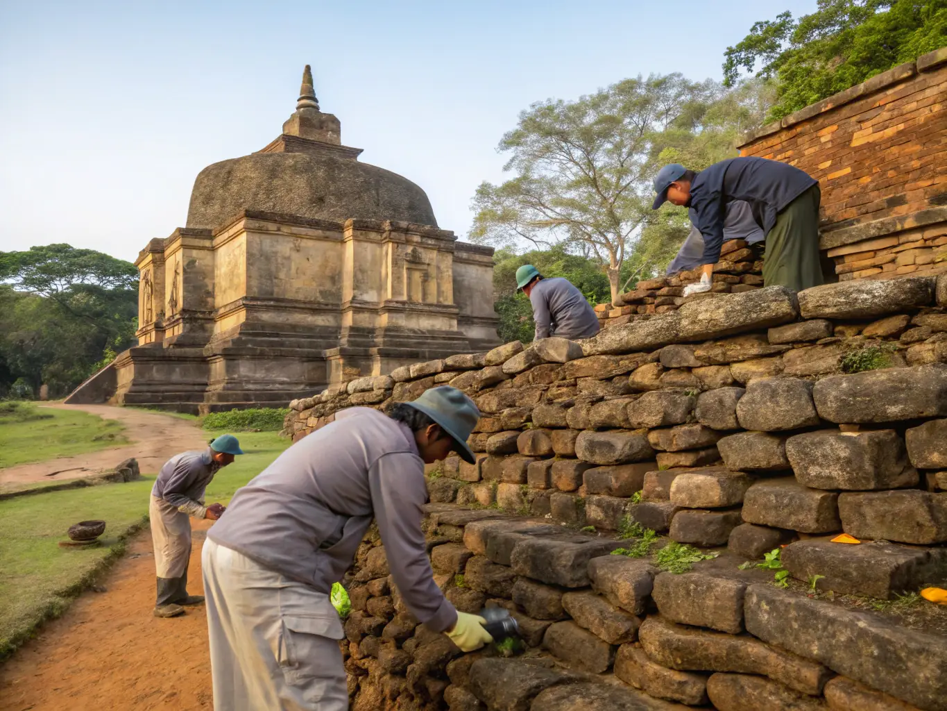 A photograph depicting volunteers working on the restoration of a stone wall at a historical site in Saint-Suliac, showcasing community involvement and hands-on preservation efforts.