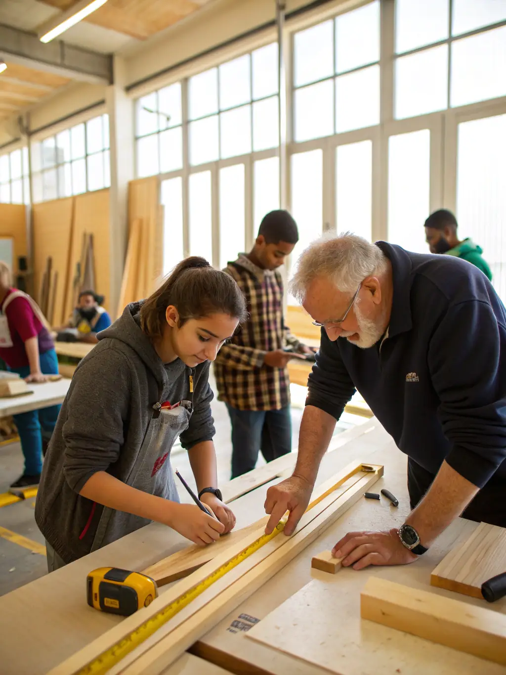 An image of a workshop where participants are learning traditional boat-building techniques, highlighting the hands-on activities aimed at preserving maritime heritage.