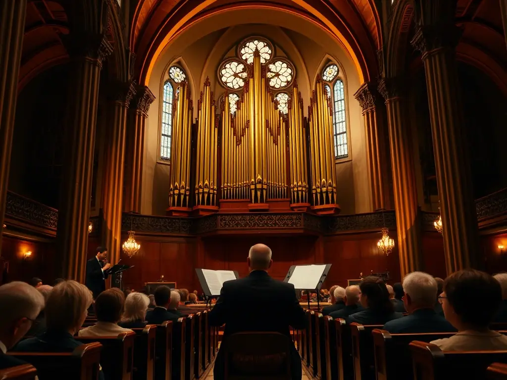A photograph showcasing a musical performance inside the Basilica de Liesse, featuring the Merklin organ. The image should capture the grandeur of the music and the beauty of the basilica's interior.