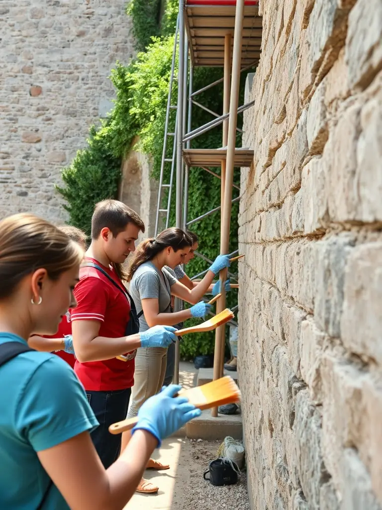 A photograph of volunteers working on a restoration project within the Basilica, emphasizing the community's dedication to preserving its heritage.