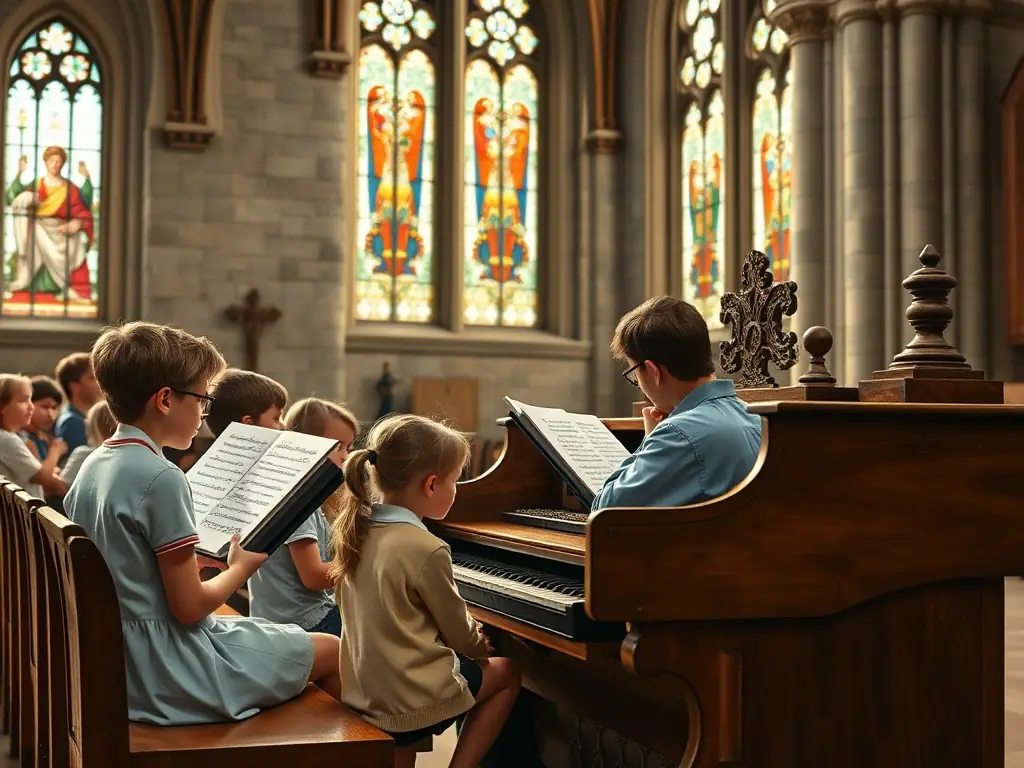 A photograph of children participating in an educational workshop about the Merklin organ, led by a knowledgeable instructor.