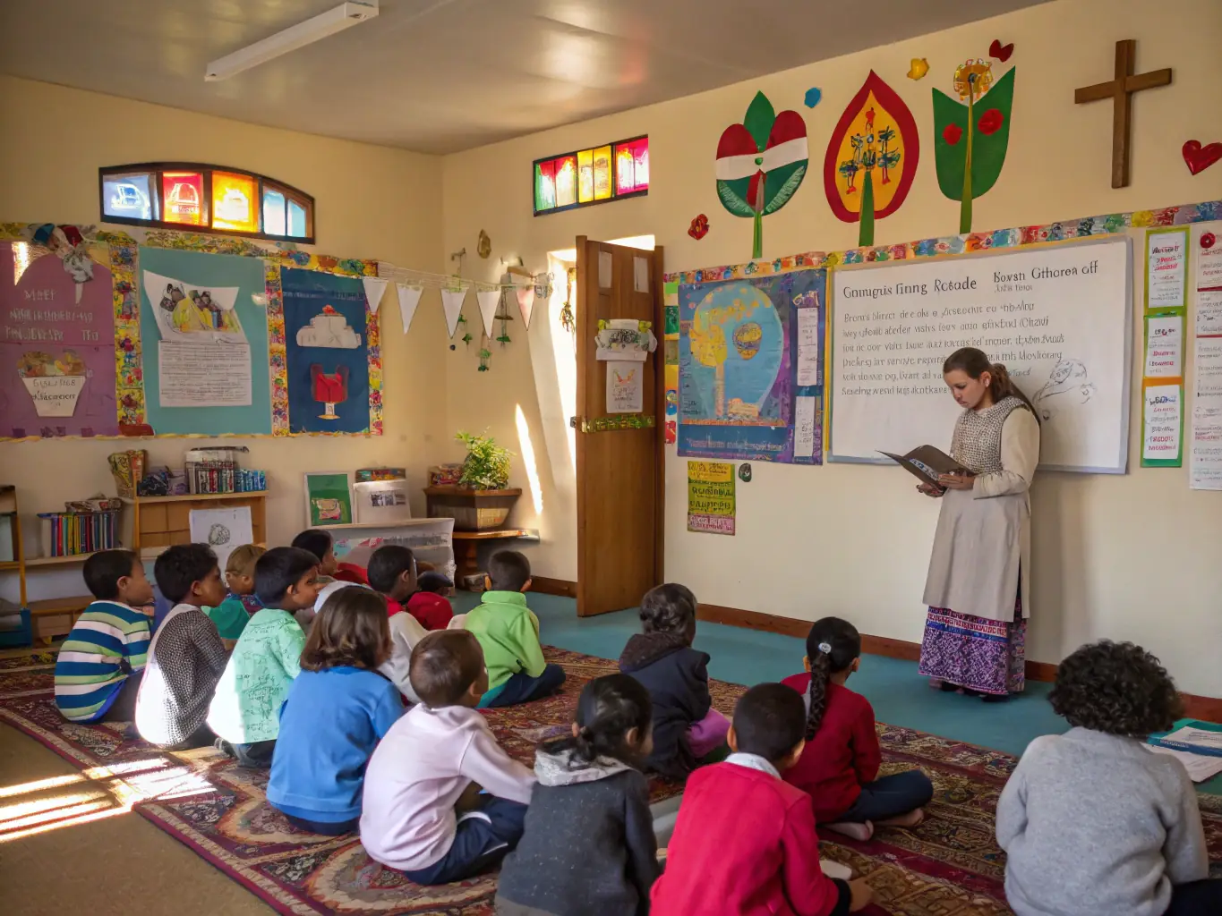 A photograph of children participating in an educational workshop at the Basilica de Liesse, learning about the history and art of the site. The image should convey a sense of fun and engagement.